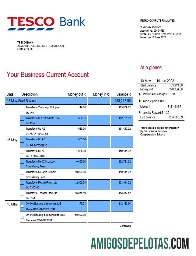 Modelo Realista Tesco Bank Business Statement Word e PDF